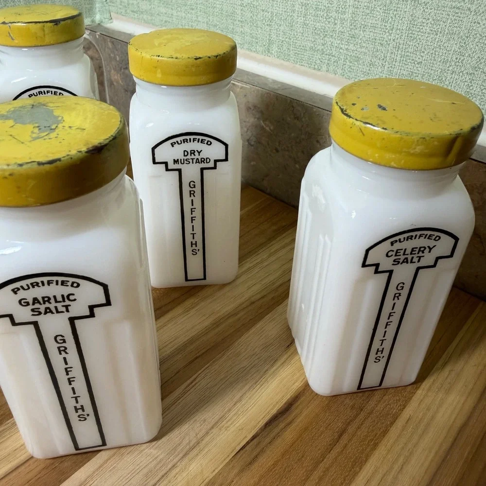 Vintage Griffiths Milk Glass Spice Jars Set of 9 White Art Deco Yellow Lids